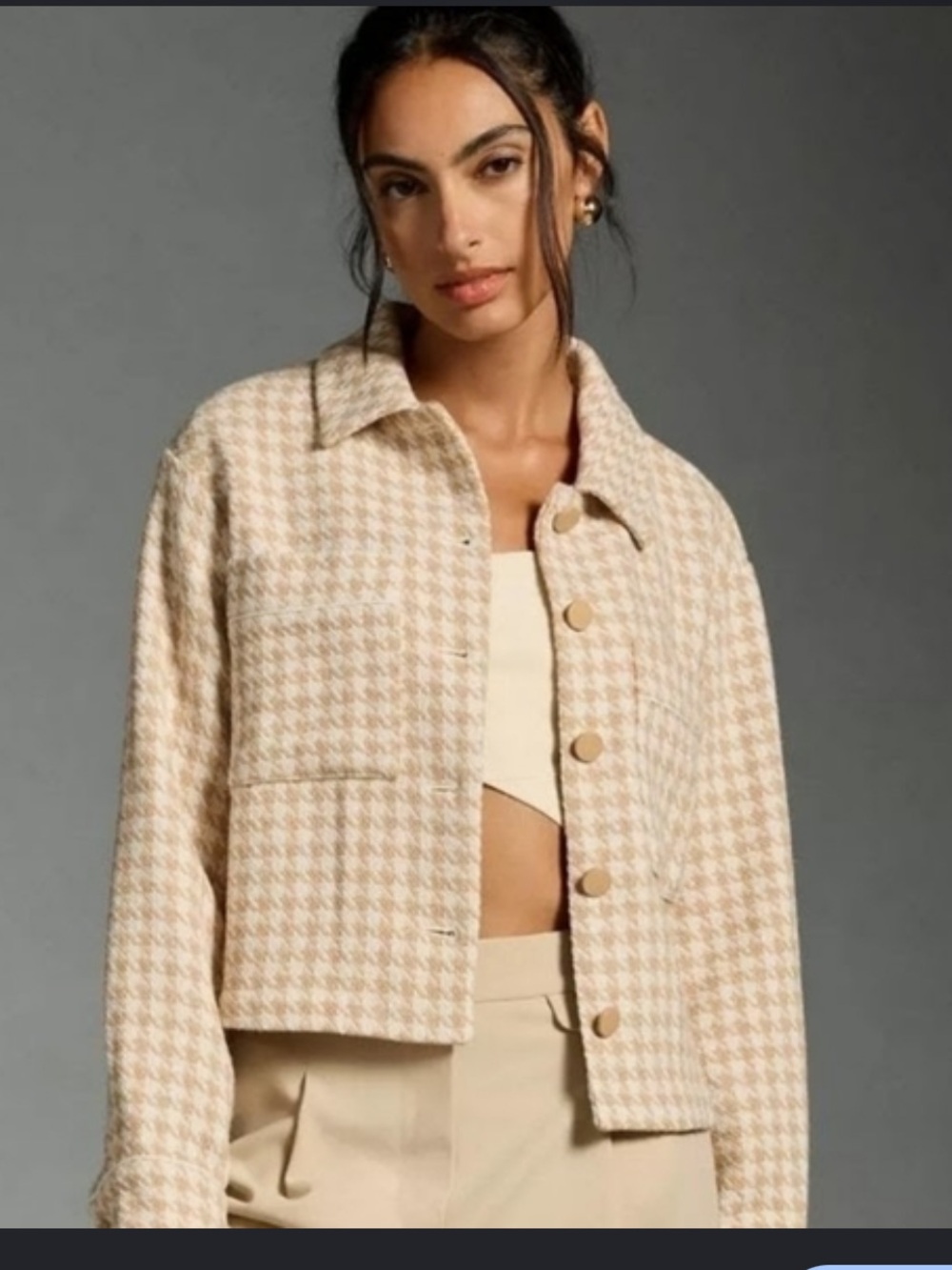 Anthropologie Neutral Houndstooth Cropped Jacket